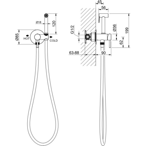 AQ1021BG ЕВРОПА комплект для гигиенического душа встроенный (смеситель + гигиеническая лейка + шланг), шлиф. золото. Фото 2