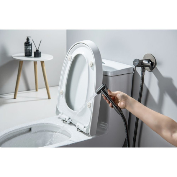 AQ1021BGM ЕВРОПА комплект для гигиенического душа встроенный (смеситель + гигиеническая лейка + шланг), оружейная сталь (шлиф. черный хром). Фото 4