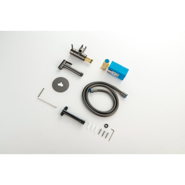 AQ1021BGM ЕВРОПА комплект для гигиенического душа встроенный (смеситель + гигиеническая лейка + шланг), оружейная сталь (шлиф. черный хром). Фото 9