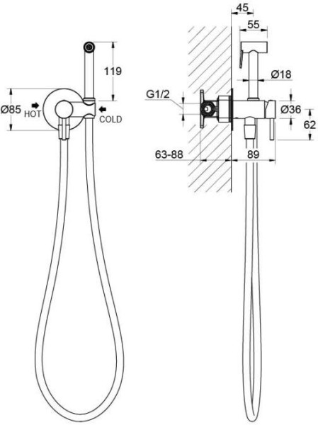 AQ1021MB ЕВРОПА комплект для гигиенического душа встроенный (смеситель + гигиеническая лейка + шланг), матовый черный. Фото 2