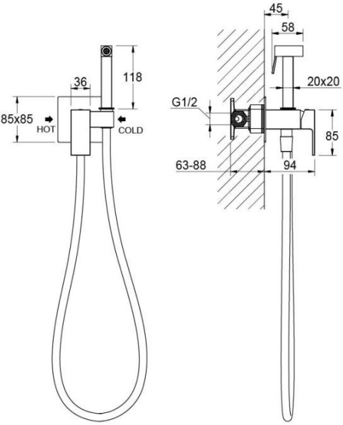 AQ1022CR ЛИБРА комплект для гигиенического душа встроенный (смеситель + гигиеническая лейка + шланг). Фото 3