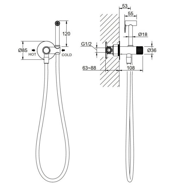 AQ1023BGM БЕТТА комплект для гигиенического душа Select встроенный (смеситель + гигиеническая лейка + шланг), оружейная сталь (шлиф. черный хром). Фото 2
