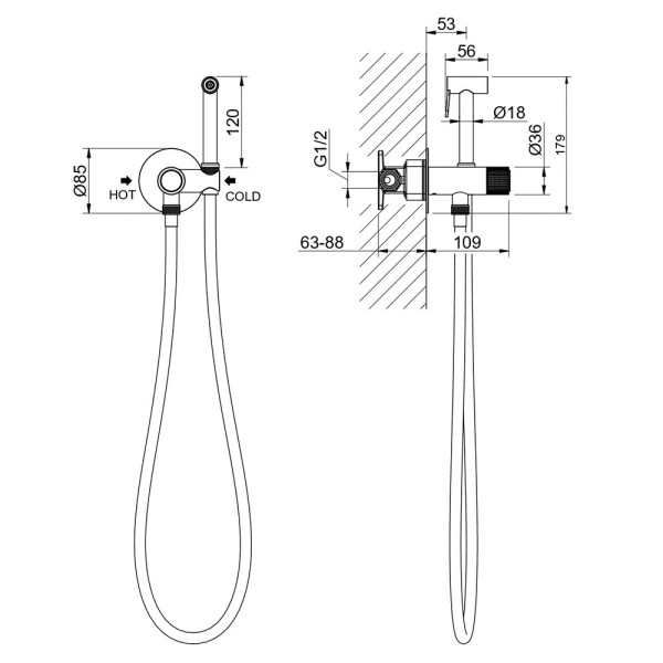 AQ1023BGM БЕТТА комплект для гигиенического душа Select встроенный (смеситель + гигиеническая лейка + шланг), оружейная сталь (шлиф. черный хром). Фото 3