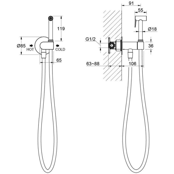 AQ1024BG ОБЕРОН комплект для гигиенического душа встроенный (смеситель c прогрессивным картриджем + гигиеническая лейка + шланг), шлиф. золото. Фото 2