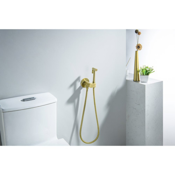 AQ1024BG ОБЕРОН комплект для гигиенического душа встроенный (смеситель c прогрессивным картриджем + гигиеническая лейка + шланг), шлиф. золото. Фото 3