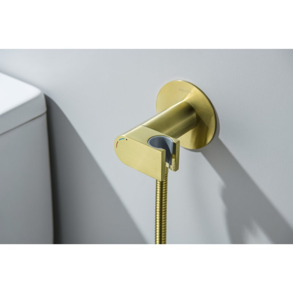 AQ1024BG ОБЕРОН комплект для гигиенического душа встроенный (смеситель c прогрессивным картриджем + гигиеническая лейка + шланг), шлиф. золото. Фото 6