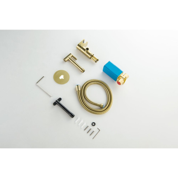 AQ1024BG ОБЕРОН комплект для гигиенического душа встроенный (смеситель c прогрессивным картриджем + гигиеническая лейка + шланг), шлиф. золото. Фото 9