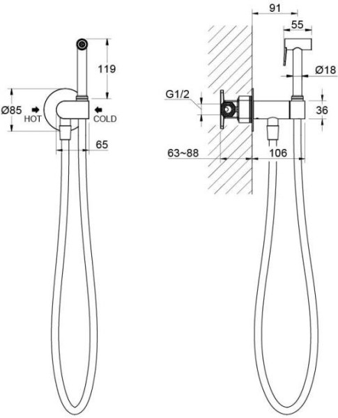 AQ1024CR ОБЕРОН комплект для гигиенического душа встроенный (смеситель c прогрессивным картриджем + гигиеническая лейка + шланг). Фото 3