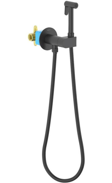 AQ1024MB ОБЕРОН комплект для гигиенического душа встроенный (смеситель c прогрессивным картриджем + гигиеническая лейка + шланг), матовый черный. Фото 1