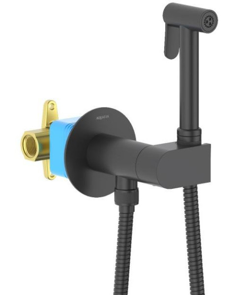 AQ1024MB ОБЕРОН комплект для гигиенического душа встроенный (смеситель c прогрессивным картриджем + гигиеническая лейка + шланг), матовый черный. Фото 2