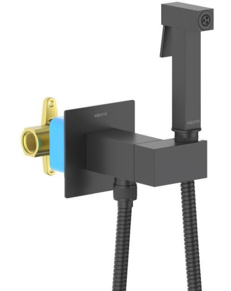 AQ1025MB ЛИРА комплект для гигиенического душа встроенный (смеситель c прогрессивным картриджем + гигиеническая лейка + шланг), матовый черный. Фото 2
