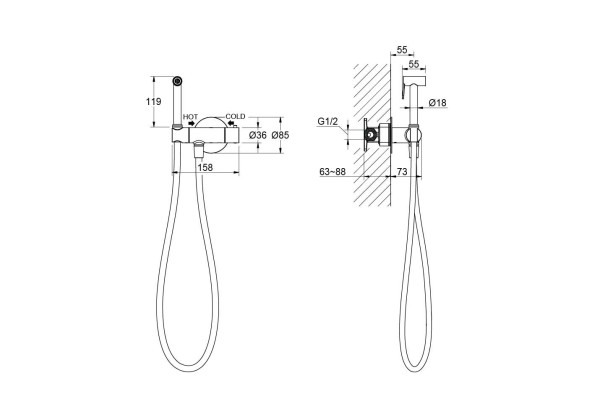 AQ1027BG ОБЕРОН комплект для гигиенического душа термостатический встроенный (смеситель + гигиеническая лейка + шланг), шлиф. золото. Фото 2