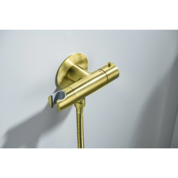AQ1027BG ОБЕРОН комплект для гигиенического душа термостатический встроенный (смеситель + гигиеническая лейка + шланг), шлиф. золото. Фото 6