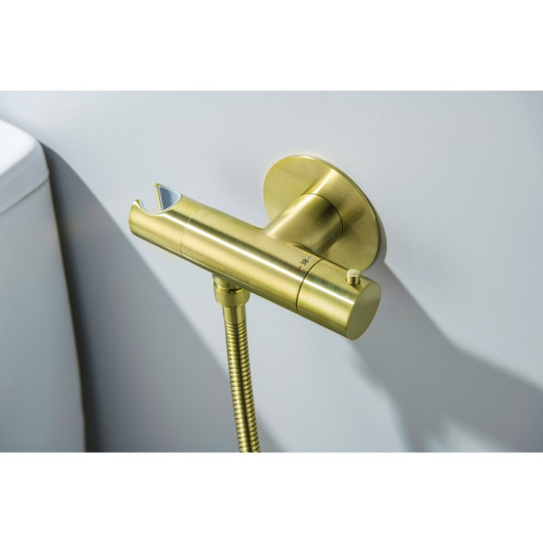 AQ1027BG ОБЕРОН комплект для гигиенического душа термостатический встроенный (смеситель + гигиеническая лейка + шланг), шлиф. золото. Фото 7