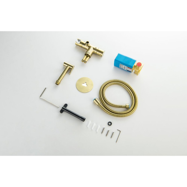 AQ1027BG ОБЕРОН комплект для гигиенического душа термостатический встроенный (смеситель + гигиеническая лейка + шланг), шлиф. золото. Фото 8