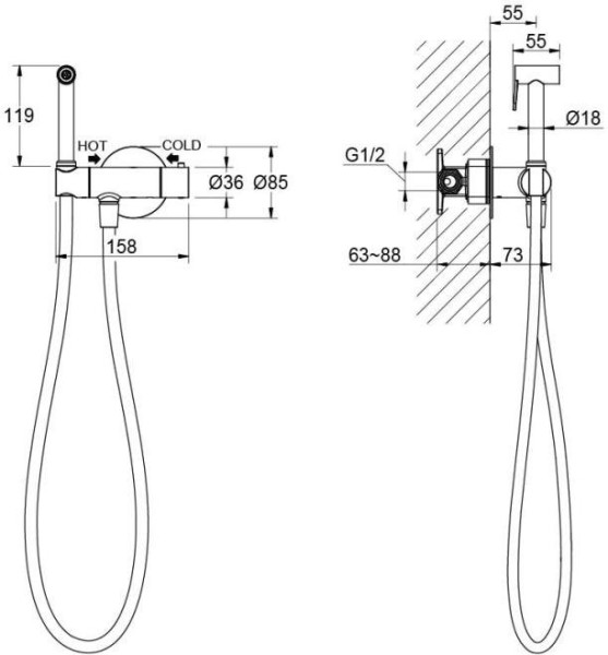 AQ1027CR ОБЕРОН комплект для гигиенического душа термостатический встроенный (смеситель + гигиеническая лейка + шланг). Фото 3