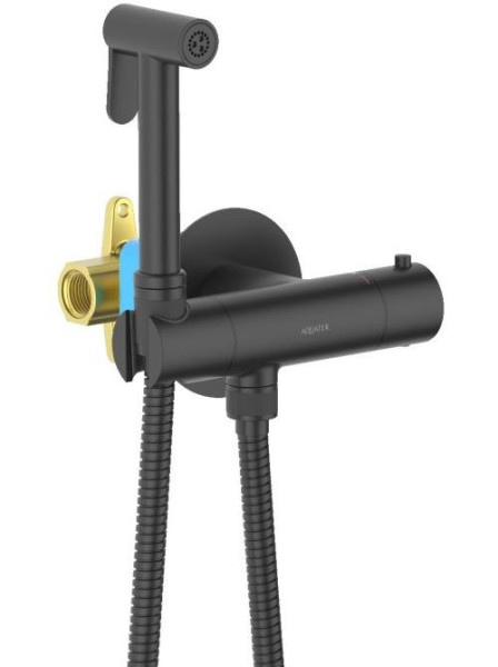 AQ1027MB ОБЕРОН комплект для гигиенического душа термостатический встроенный (смеситель + гигиеническая лейка + шланг), матовый черный. Фото 2