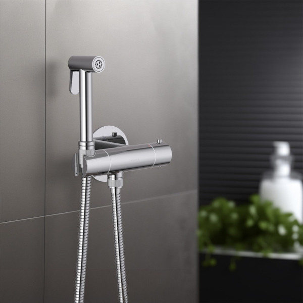 AQ1027MB ОБЕРОН комплект для гигиенического душа термостатический встроенный (смеситель + гигиеническая лейка + шланг), матовый черный. Фото 3