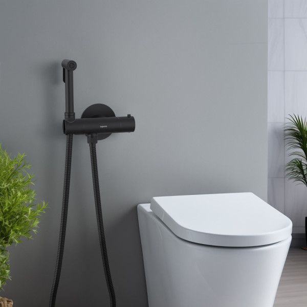 AQ1027MB ОБЕРОН комплект для гигиенического душа термостатический встроенный (смеситель + гигиеническая лейка + шланг), матовый черный. Фото 8