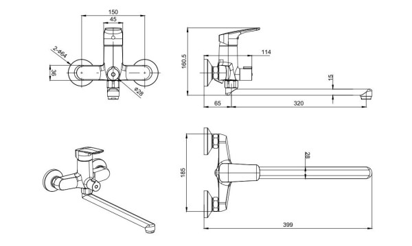 AQ1042MB ВЕГА смеситель для ванны с длинным изливом, матовый черный. Фото 2