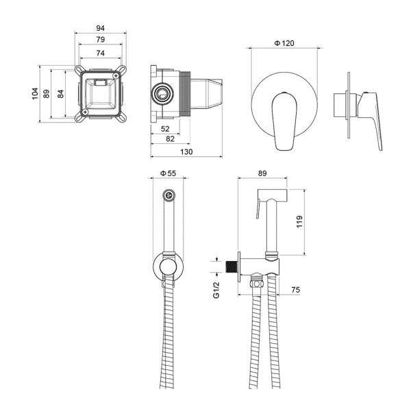 AQ1119BGM БЕТТА набор с гигиеническим душем (смеситель + гигиеническая лейка + шланг + шланговое подсоединение с держателем), оружейная сталь (шлиф. ч. Фото 2