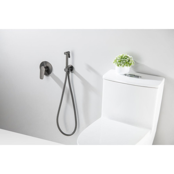 AQ1119BGM БЕТТА набор с гигиеническим душем (смеситель + гигиеническая лейка + шланг + шланговое подсоединение с держателем), оружейная сталь (шлиф. ч. Фото 5