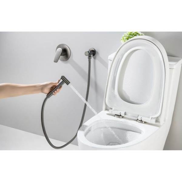 AQ1119BGM БЕТТА набор с гигиеническим душем (смеситель + гигиеническая лейка + шланг + шланговое подсоединение с держателем), оружейная сталь (шлиф. ч. Фото 6