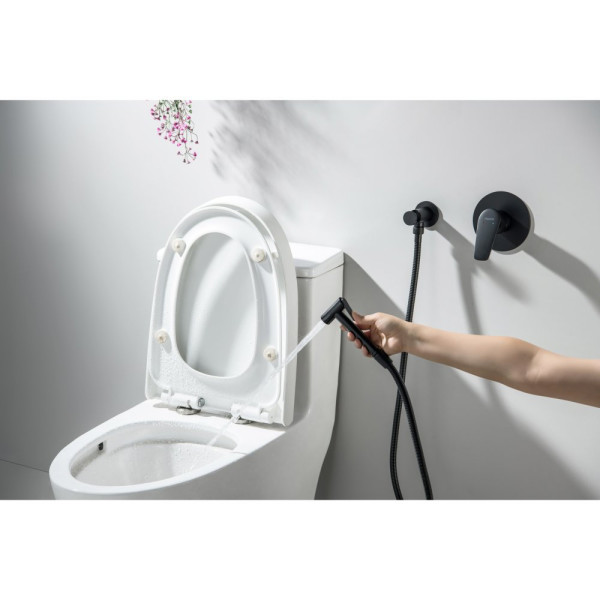 AQ1119MB БЕТТА набор с гигиеническим душем (смеситель + гигиеническая лейка + шланг + шланговое подсоединение с держателем), матовый черный. Фото 5