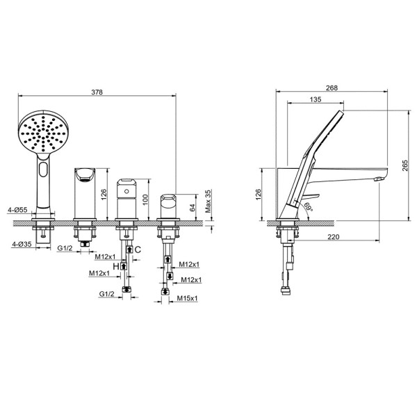AQ1148BGM БЕТТА смеситель на борт ванны на 4 отв., оружейная сталь (шлиф. черный хром). Фото 4
