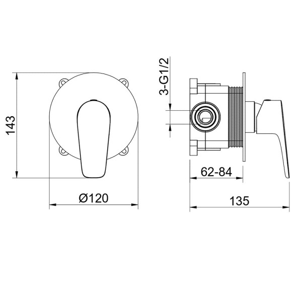 AQ1166BGM БЕТТА смеситель для душа 1 режим (внешняя и скрытая часть), оружейная сталь (шлиф. черный хром). Фото 5