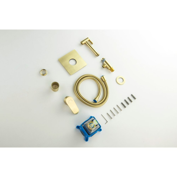 AQ1219BG ОБЕРОН набор с гигиеническим душем (смеситель + гигиеническая лейка + шланг + шланговое подсоединение с держателем), шлиф. золото. Фото 12