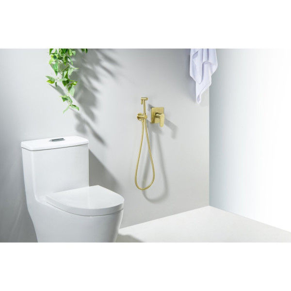 AQ1219BG ОБЕРОН набор с гигиеническим душем (смеситель + гигиеническая лейка + шланг + шланговое подсоединение с держателем), шлиф. золото. Фото 4