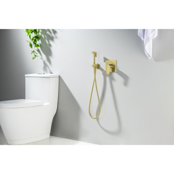 AQ1219BG ОБЕРОН набор с гигиеническим душем (смеситель + гигиеническая лейка + шланг + шланговое подсоединение с держателем), шлиф. золото. Фото 5