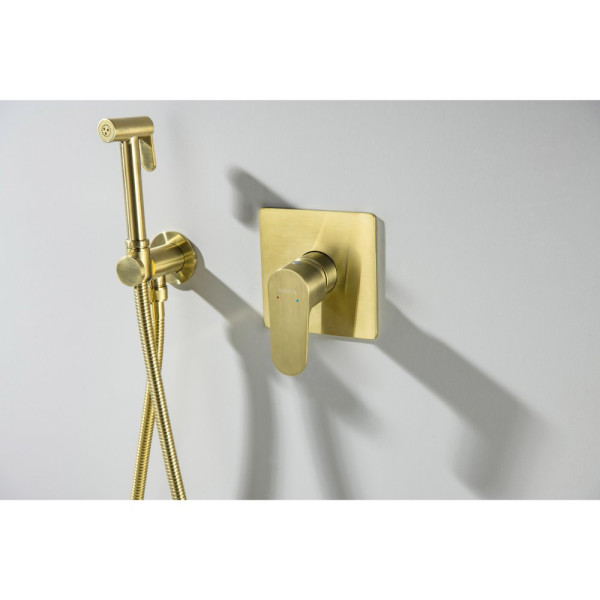 AQ1219BG ОБЕРОН набор с гигиеническим душем (смеситель + гигиеническая лейка + шланг + шланговое подсоединение с держателем), шлиф. золото. Фото 7