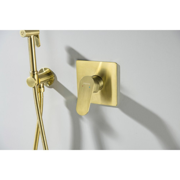 AQ1219BG ОБЕРОН набор с гигиеническим душем (смеситель + гигиеническая лейка + шланг + шланговое подсоединение с держателем), шлиф. золото. Фото 8