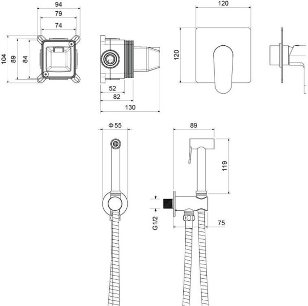 AQ1219MB ОБЕРОН набор с гигиеническим душем (смеситель + гигиеническая лейка + шланг + шланговое подсоединение с держателем), матовый черный. Фото 2