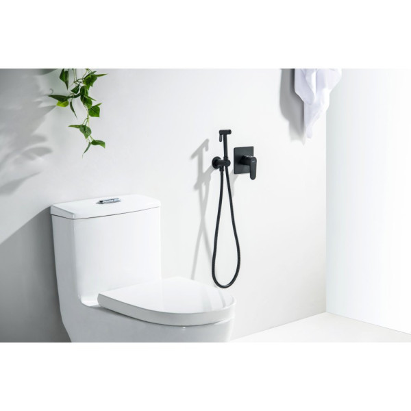 AQ1219MB ОБЕРОН набор с гигиеническим душем (смеситель + гигиеническая лейка + шланг + шланговое подсоединение с держателем), матовый черный. Фото 5