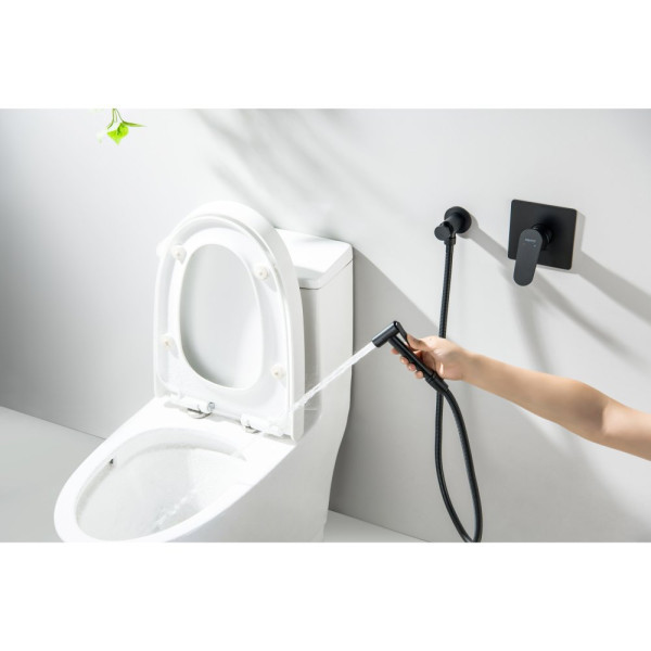 AQ1219MB ОБЕРОН набор с гигиеническим душем (смеситель + гигиеническая лейка + шланг + шланговое подсоединение с держателем), матовый черный. Фото 7