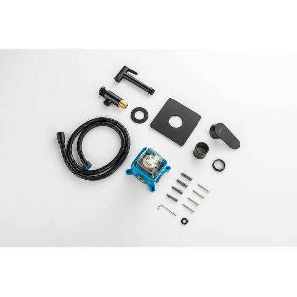 AQ1219MB ОБЕРОН набор с гигиеническим душем (смеситель + гигиеническая лейка + шланг + шланговое подсоединение с держателем), матовый черный. Фото 9