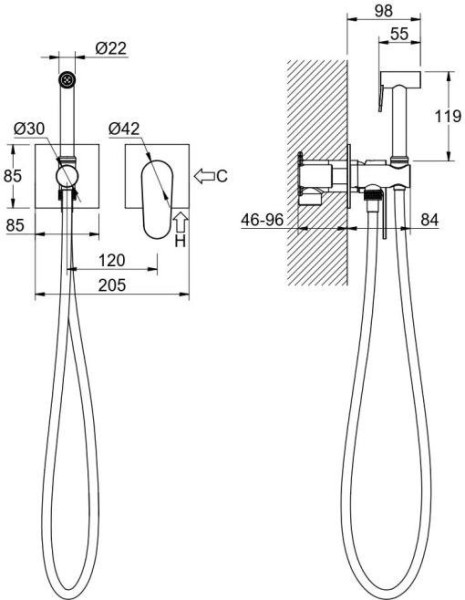 AQ1220MB ОБЕРОН комплект для гигиенического душа встроенный 2 отв. (смеситель + гигиеническая лейка + шланг), матовый черный. Фото 2