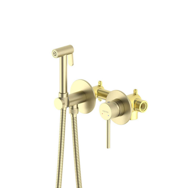 AQ1319BG ЕВРОПА комплект для гигиенического душа встроенный 2 отв. (смеситель + гигиеническая лейка + шланг), шлиф. золото. Фото 1