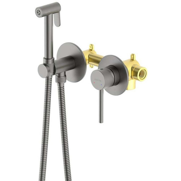 AQ1319BGM ЕВРОПА комплект для гигиенического душа встроенный 2 отв. (смеситель + гигиеническая лейка + шланг), оружейная сталь (шлиф. черный хром). Фото 2