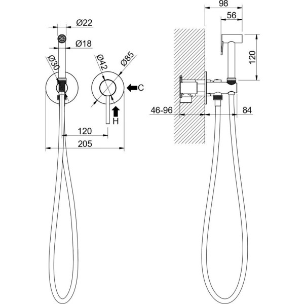 AQ1319BGM ЕВРОПА комплект для гигиенического душа встроенный 2 отв. (смеситель + гигиеническая лейка + шланг), оружейная сталь (шлиф. черный хром). Фото 3