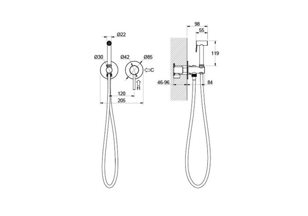 AQ1319CR ЕВРОПА комплект для гигиенического душа встроенный 2 отв. (смеситель + гигиеническая лейка + шланг). Фото 2