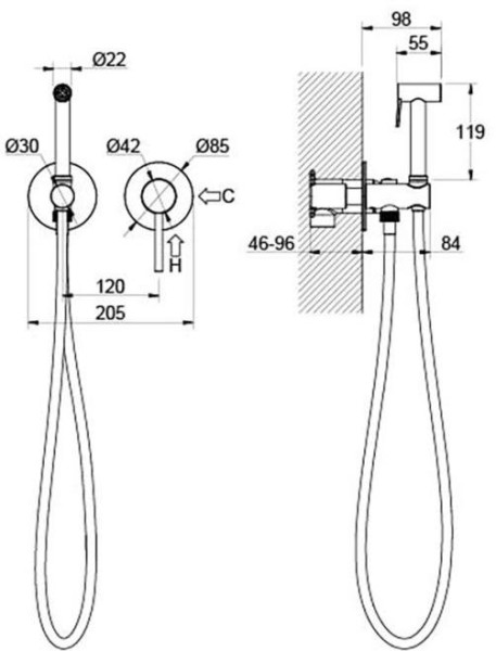 AQ1319MB ЕВРОПА комплект для гигиенического душа встроенный 2 отв. (смеситель + гигиеническая лейка + шланг), матовый черный. Фото 2