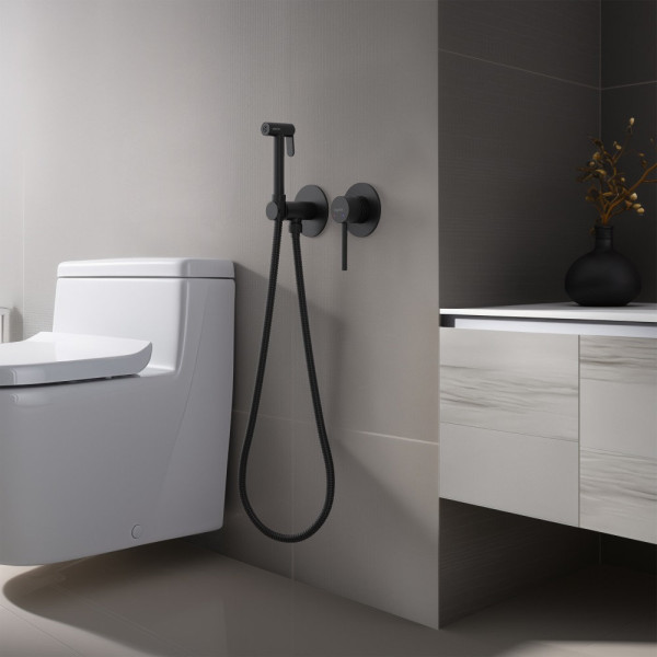 AQ1319MB ЕВРОПА комплект для гигиенического душа встроенный 2 отв. (смеситель + гигиеническая лейка + шланг), матовый черный. Фото 3