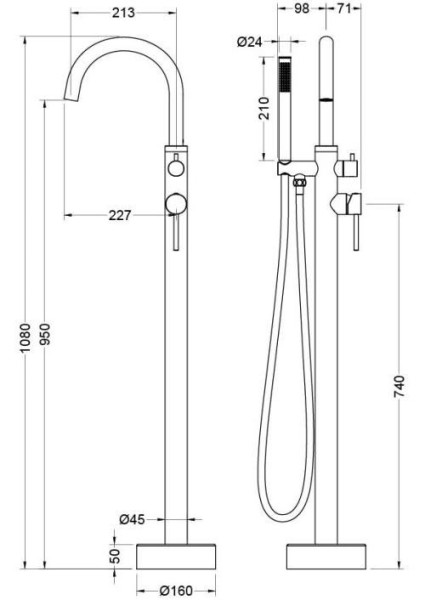 AQ1345MB ЕВРОПА смеситель для ванны напольный, матовый черный. Фото 2