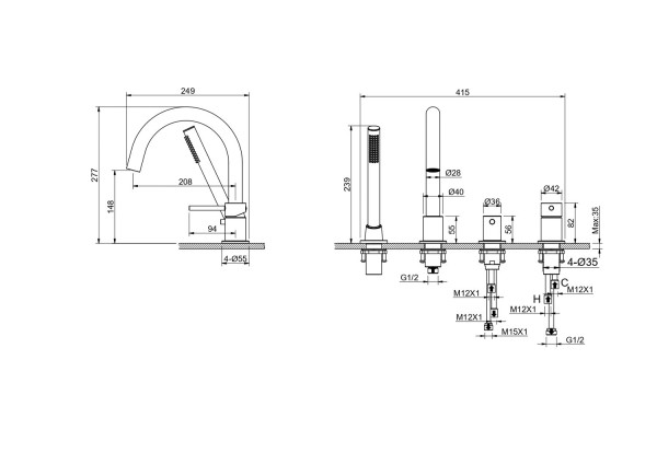 AQ1348BG ЕВРОПА смеситель на борт ванны на 4 отв., шлиф. золото. Фото 5