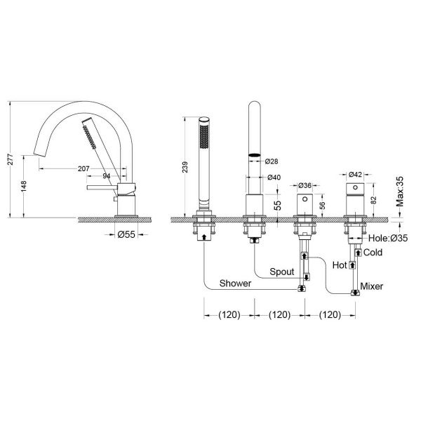 AQ1348BGM ЕВРОПА смеситель на борт ванны на 4 отв., оружейная сталь (шлиф. черный хром). Фото 11