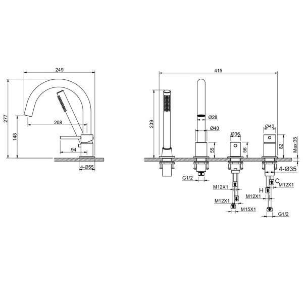AQ1348BGM ЕВРОПА смеситель на борт ванны на 4 отв., оружейная сталь (шлиф. черный хром). Фото 12